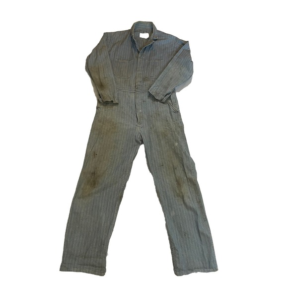 Vintage 50s 60s Coveralls Size 44 Herringbone Blue Mechanic Workwear Distressed - Picture 1 of 9